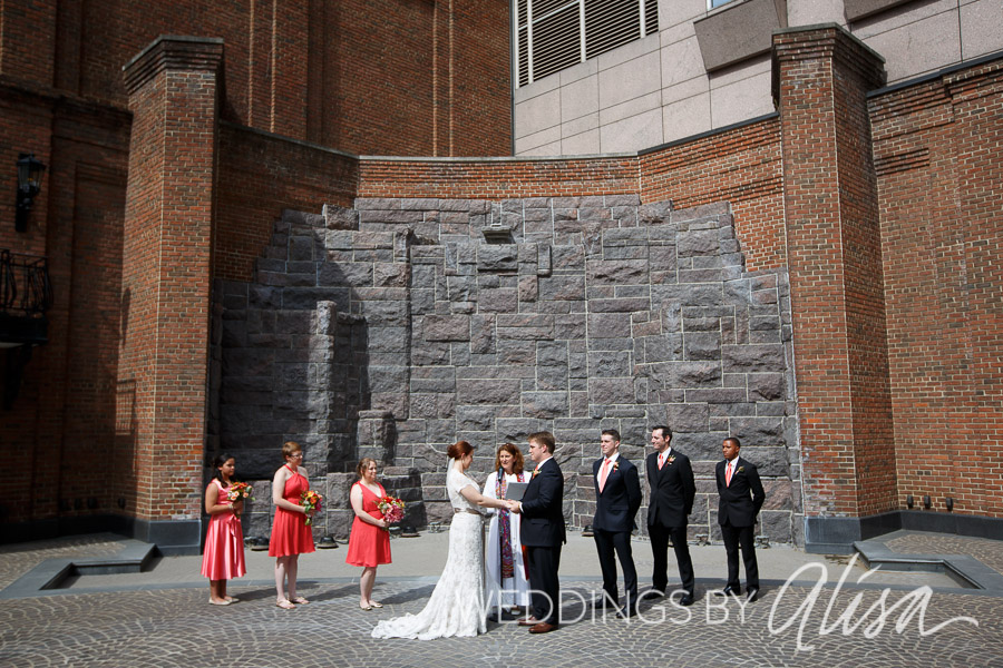 Wedding party photo at outdoor garden at Heinz Hall